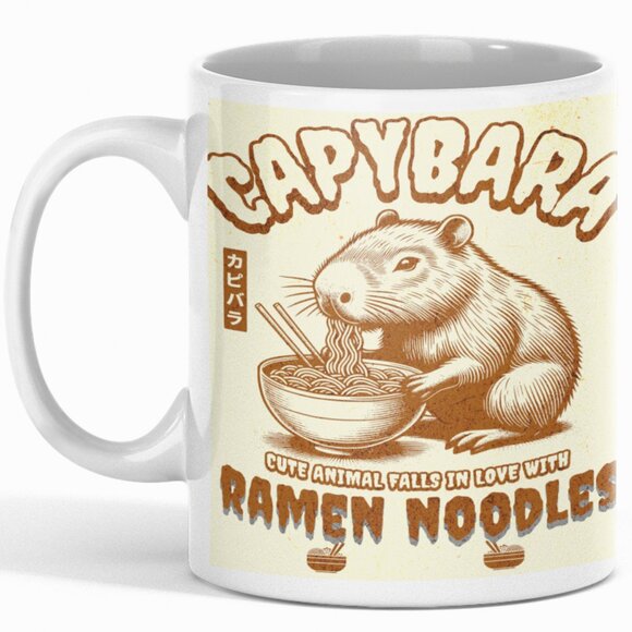 Capybara eating Ramen Noodles Double-Sided Ceramic Coffee Mug - Picture 3 of 4